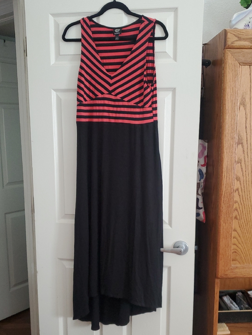 bobeau Black Maxi Dress with Coral Striped Bodice